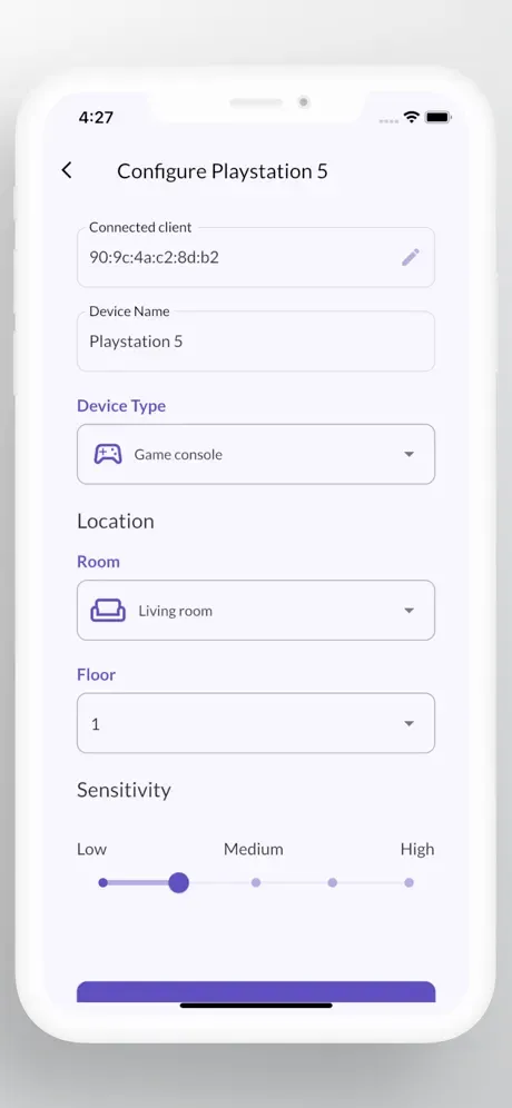 Device configuration screen with room location, device type, and motion sensitivity settings
