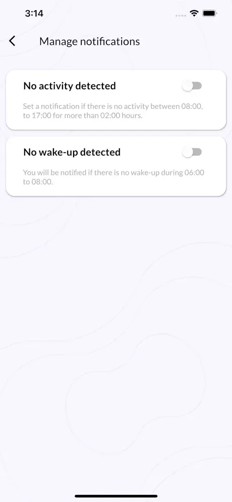 Notification settings with toggles for inactivity and wake-up alerts