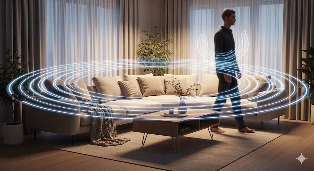 Person walking in a living room with WiFi motion sensing waves visualized around them