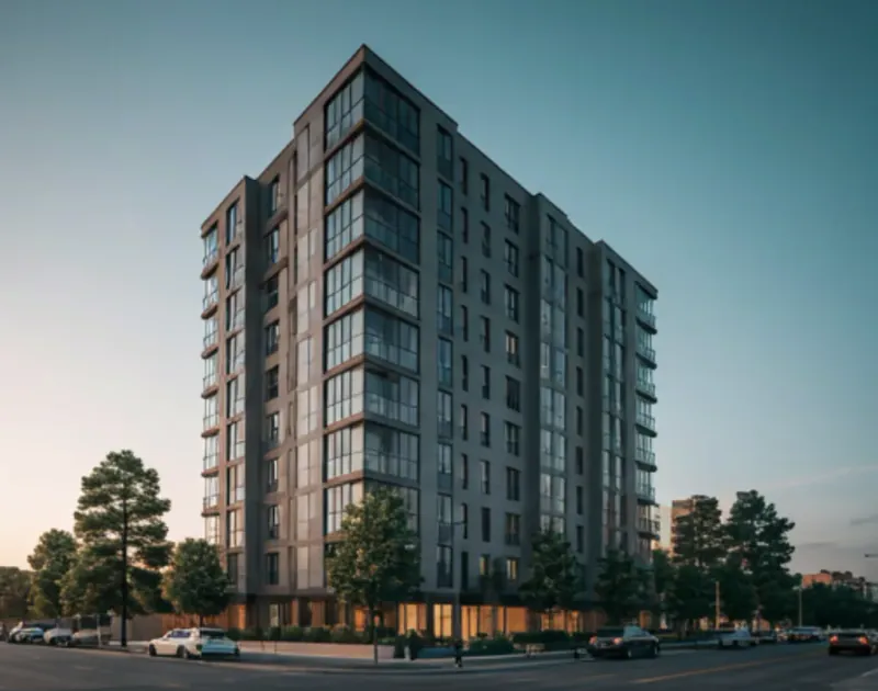 Modern residential condo building rendering at dusk with illuminated balconies